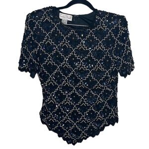 VTG 80s Laurence Kazar Black Silk Sequined Beaded Scallop Party Top Sz M